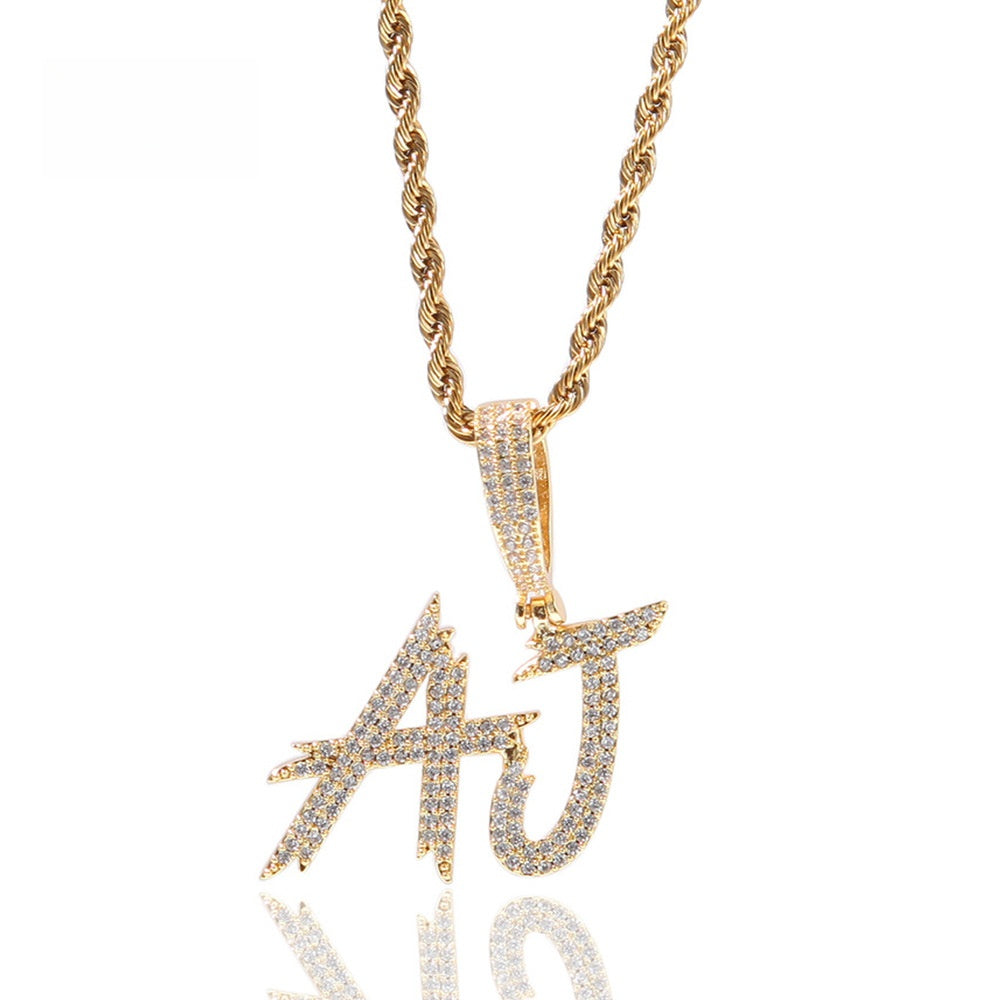 Custom 2-6 Letter Iced Initial Pendant Necklace for Men & Women - Gold or Silver Tone Zircon Letter Charm with Free 24 Inch Stainless Steel Rope Chain