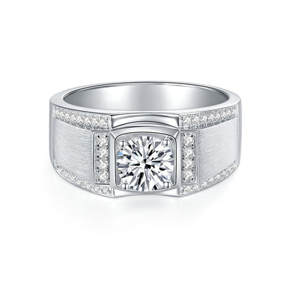 Moissanite Wedding Ring for Men, Wide Brushed Band with Round Center Stone
