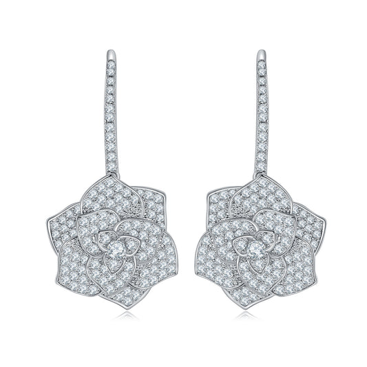 Floral Crystal Drop Earrings, Sparkling Camellia Flower Dangle Earrings for Women product image