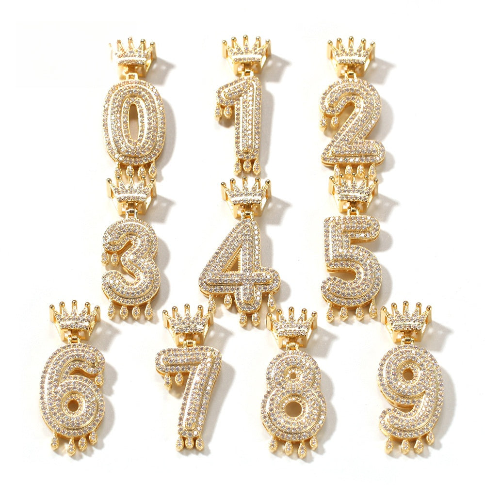 Iced Out Crown Number Pendant Necklace with 24 Inch Twisted Stainless Steel Chain, Gold or Silver Cubic Zirconia Hip Hop Statement Necklace