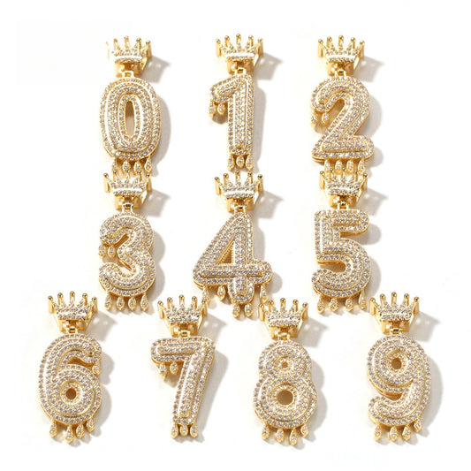 Iced Out Crown Number Pendant Necklace with 24 Inch Twisted Stainless Steel Chain, Gold or Silver Cubic Zirconia Hip Hop Statement Necklace