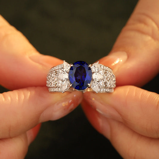 Blue Oval Sapphire Halo Ring, S925 Sterling Silver Promise Ring for Women product image