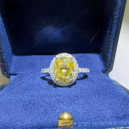 Oval Yellow Moissanite Halo Ring for Women, VVS1 Statement Engagement Ring