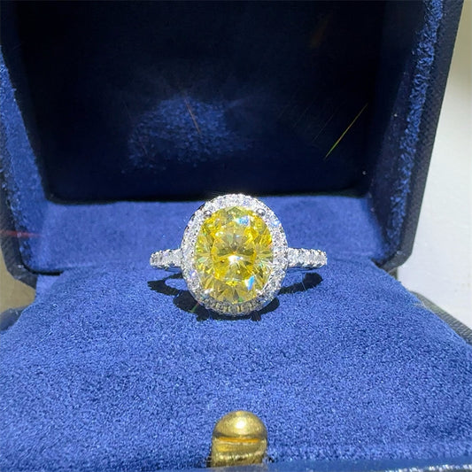 Oval Yellow Moissanite Halo Ring for Women, VVS1 Statement Engagement Ring