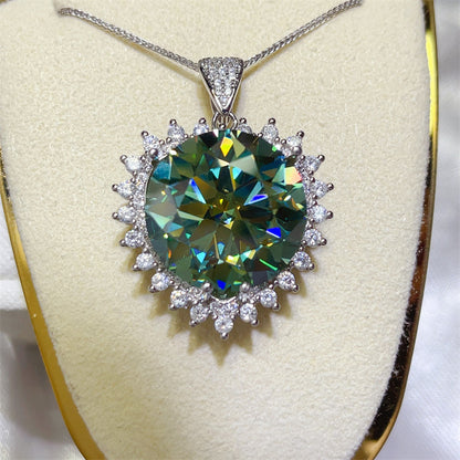 Green Moissanite Pendant Necklace with Halo Setting, 20 Carat Oversized Statement Pendant