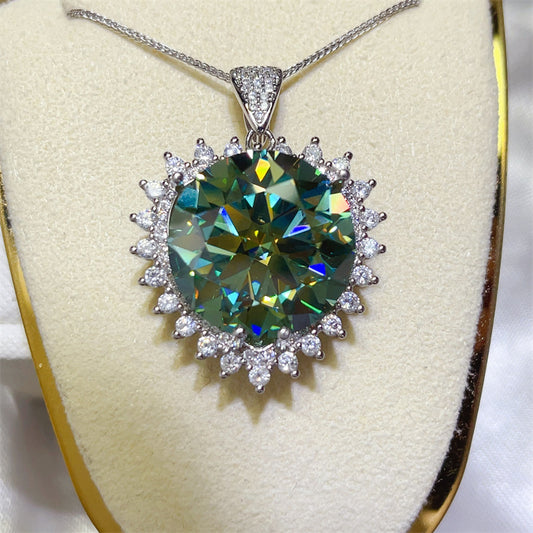 Green Moissanite Pendant Necklace with Halo Setting, 20 Carat Oversized Statement Pendant