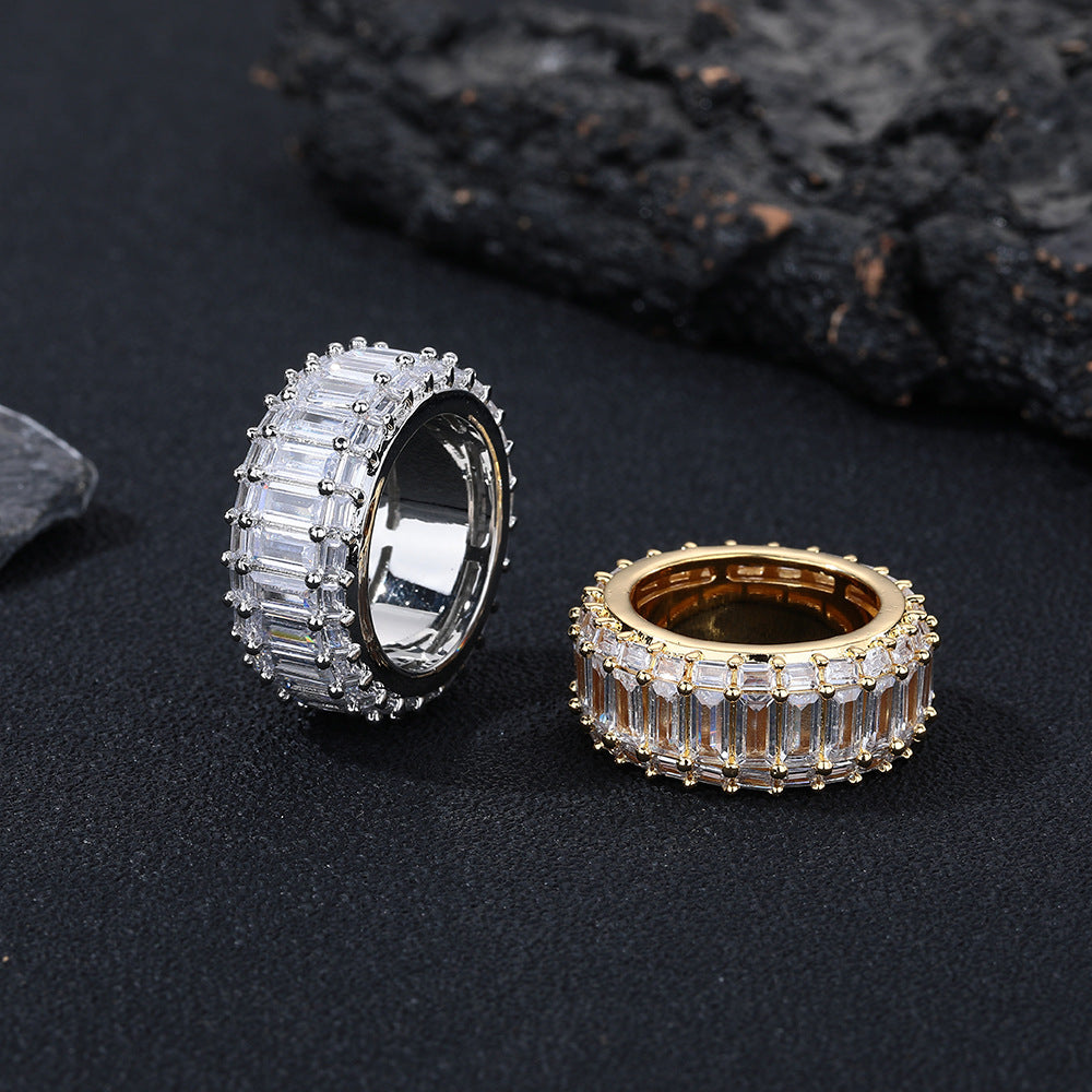 Unisex Geometric Triple-Row Baguette Cubic Zirconia Couple Ring product image