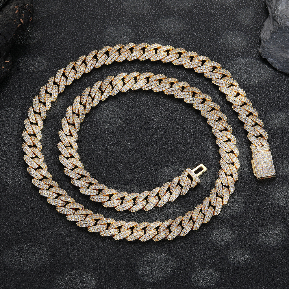 10mm Iced Out Cuban Link Chain Necklace & Bracelet, Double Row Zirconia Hip Hop Jewelry, Unisex Plated Copper product image