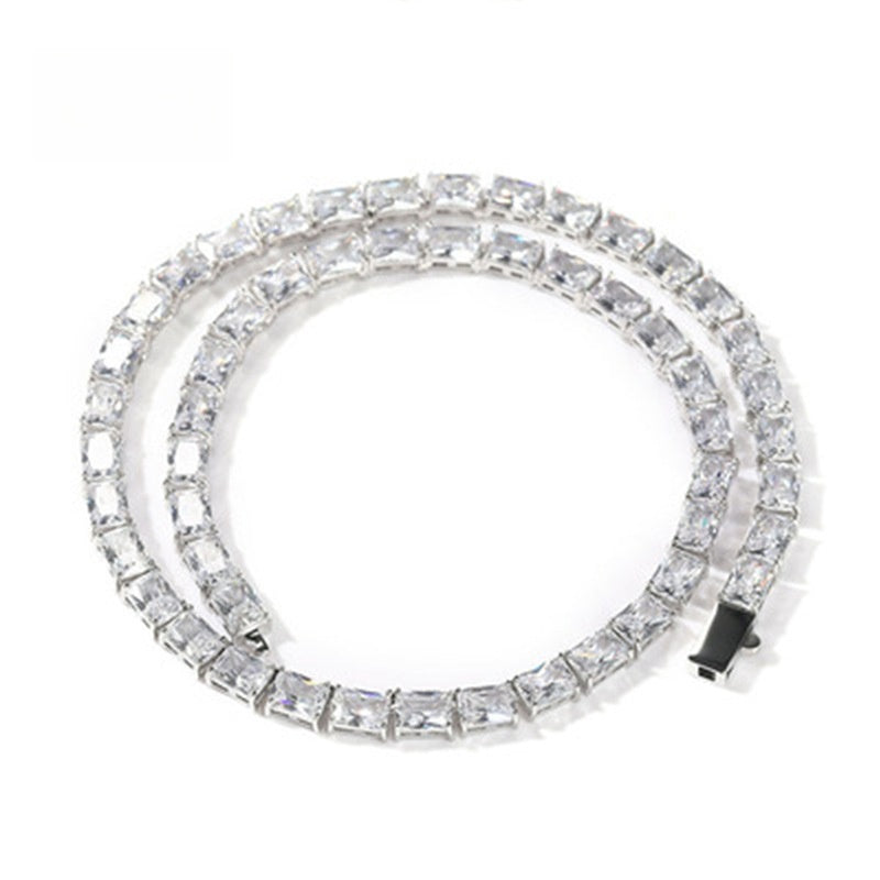 Unisex Rectangular Cubic Zirconia Tennis Chain Necklace in Gold or Silver Plated Copper