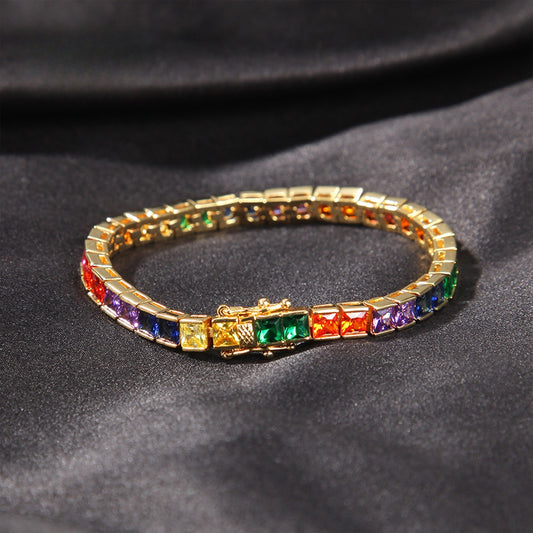 Gold Plated Rainbow Cubic Zirconia Tennis Bracelet for Women - Trendy Geometric Statement Chain Bracelet