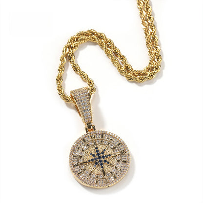 Iced Starry Compass Pendant Necklace with 24-Inch Twist Chain for Women