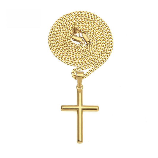 Gold Plated Stainless Steel Cross Pendant Necklace with 24 Inch Cuban Chain