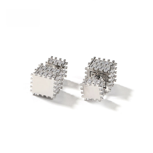 Unisex Square Cubic Zirconia Stud Earrings in Gold or Silver Tone Hip Hop Statement Jewelry