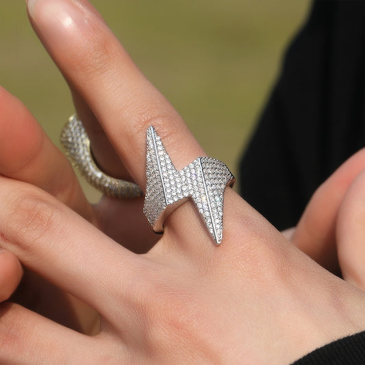Unisex Lightning Bolt Cubic Zirconia Ring – Gold Plated or Silver Plated Statement Hip Hop Ring