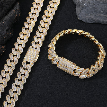 15mm Iced Out Cuban Link Chain Bracelet & Necklace Set, Zirconia, Unisex