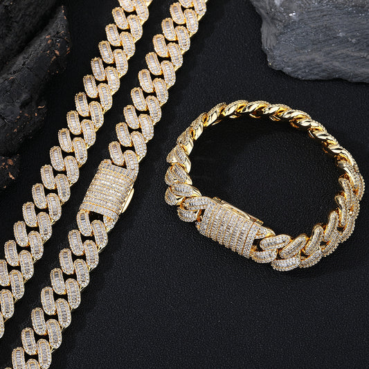 15mm Iced Out Cuban Link Chain Bracelet & Necklace Set, Zirconia, Unisex