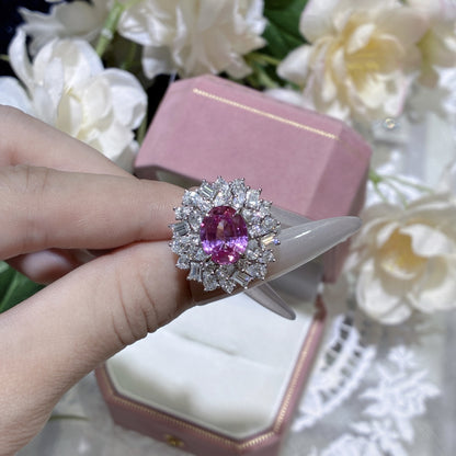 Pink Sapphire Halo Ring, S925 Silver Oval Cluster Ring for Women