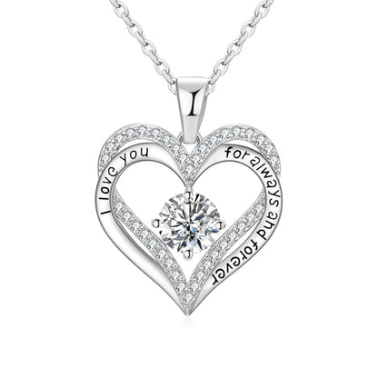 Moissanite Heart Pendant Necklace with “I Love You for Always and Forever” Engraving, 18K Gold Plated