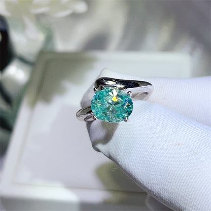 2 Carat Paraiba Green Moissanite Ring for Women in S925 Silver, U-Shape Solitaire Engagement Ring