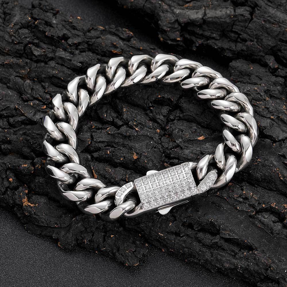 10-14 mm Polished Cuban with CZ Clasp Hip Hop Bracelet with Stainless steel Base - CHA189 product image