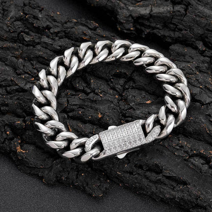 10-14 mm Polished Cuban with CZ Clasp Hip Hop Bracelet with Stainless steel Base - CHA189