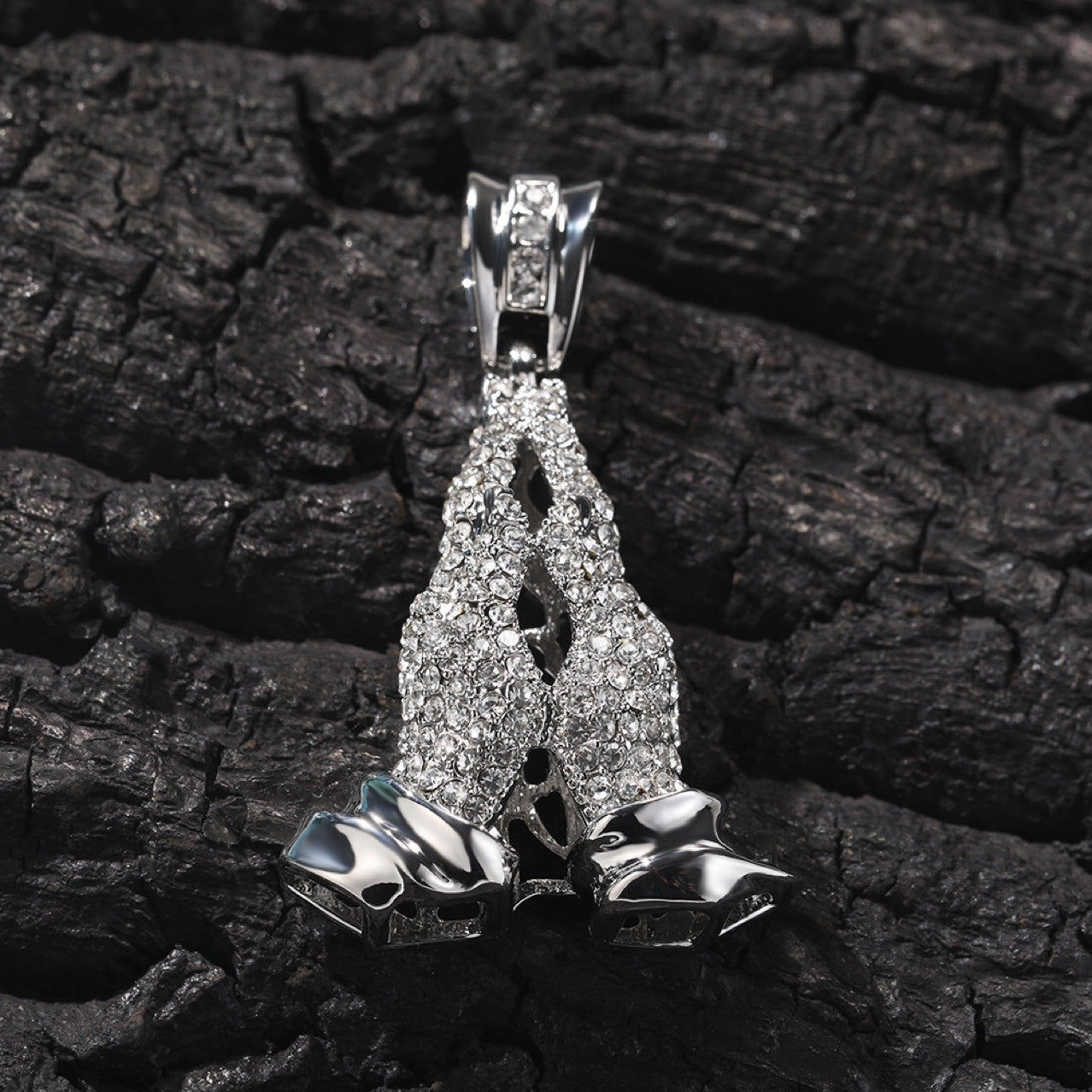 Iced Praying Hands Pendant Necklace for Women with Cubic Zirconia, Stainless Steel Twist Chain, Silver or Gold Tone Statement Jewelry