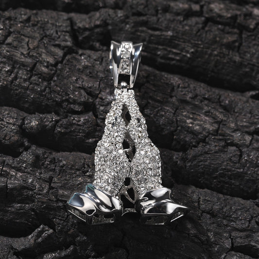 Iced Praying Hands Pendant Necklace for Women with Cubic Zirconia, Stainless Steel Twist Chain, Silver or Gold Tone Statement Jewelry