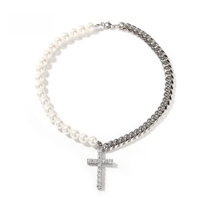 Unisex Pearl Chain Cross Pendant Necklace in Stainless Steel