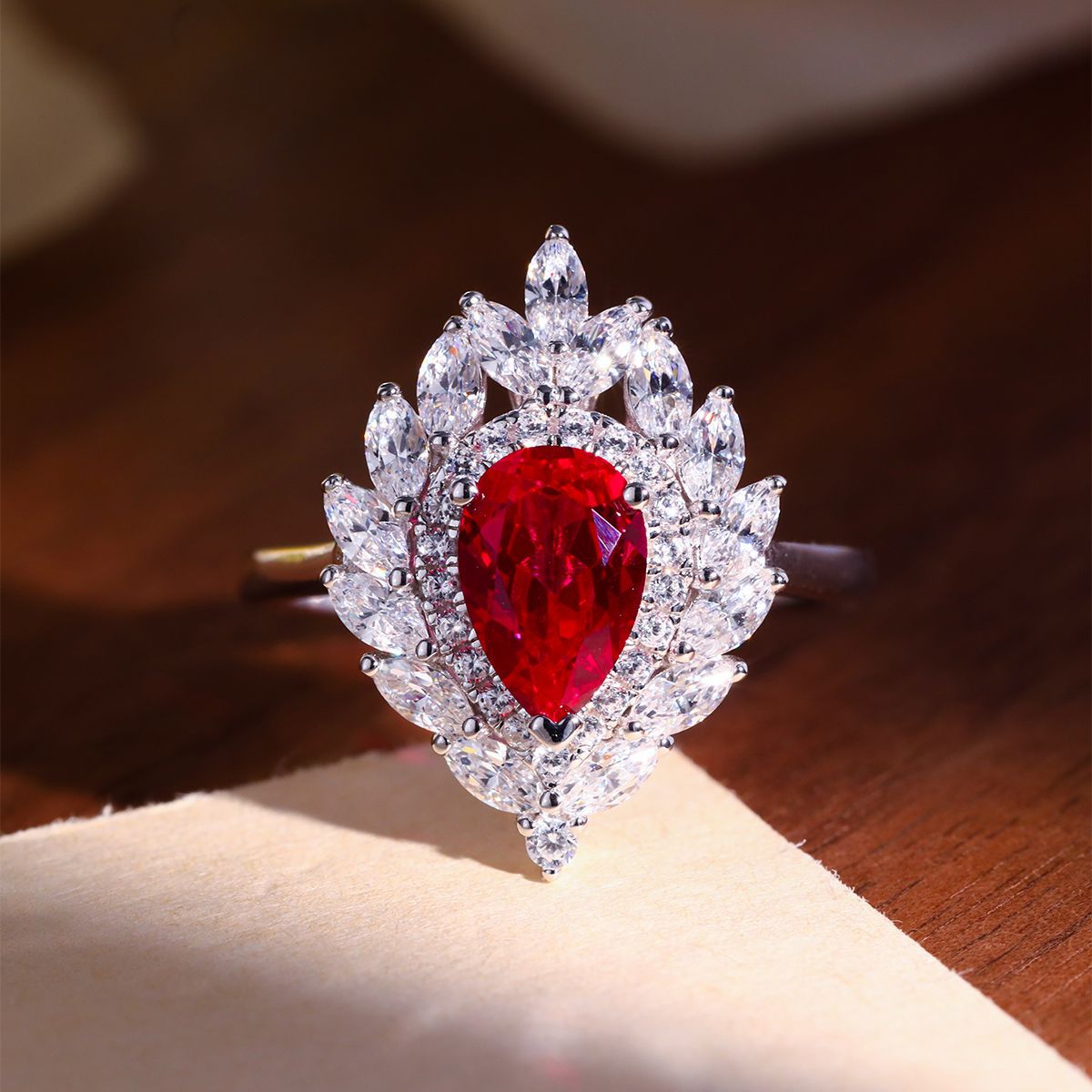 Pear-Shaped Red Halo Ring in 925 Silver, Floral Teardrop Ring product image