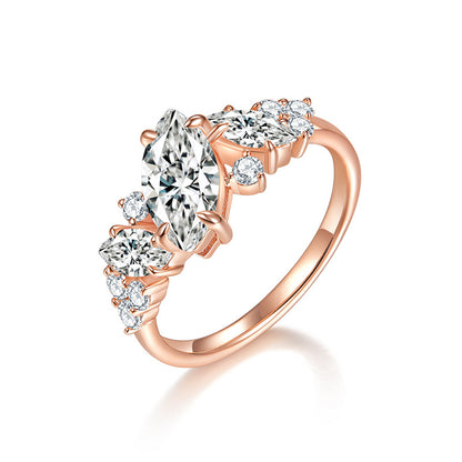Moissanite Ring for Women, Marquise Asymmetrical Rose Gold Tone Engagement Ring, Elegant Promise Ring, 2026 Trend Jewelry