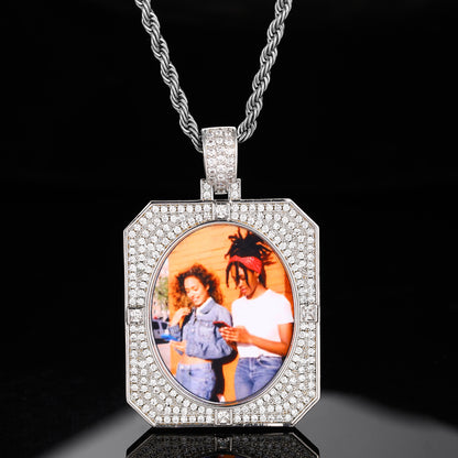 Iced Out Photo Pendant Necklace for Men and Women, Geometric Cuban Link Chain, Cubic Zirconia Hip Hop Jewelry