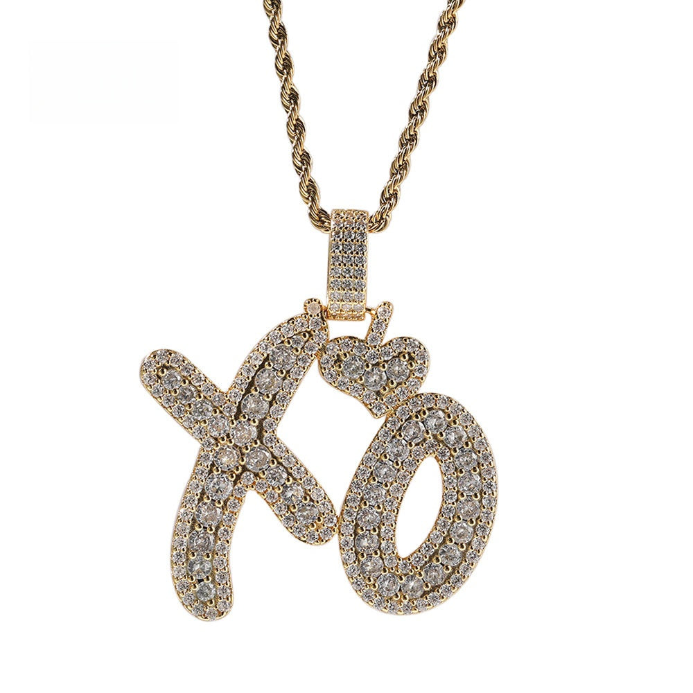 Iced XO Letter Pendant Necklace for Women - Cubic Zirconia Hip Hop Twist Chain in Gold or Silver