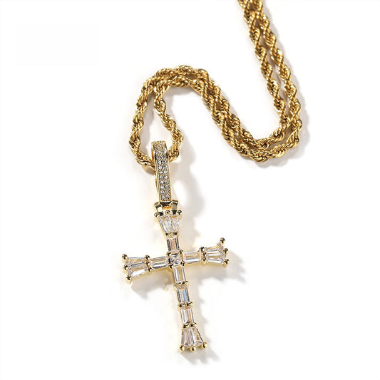 Iced Cross Pendant Necklace for Women and Men - Cubic Zirconia Statement Necklace with 24 Inch Twisted Chain in Gold or Silver Tone