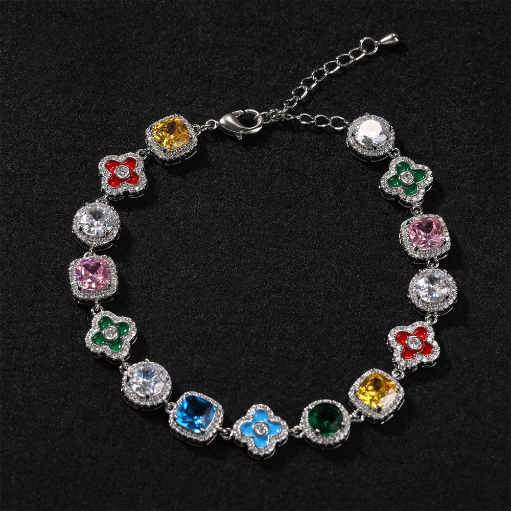 Unisex Colorful Cubic Zirconia Chain Bracelet in Silver Tone - Geometric Round Square Floral Statement Bracelet