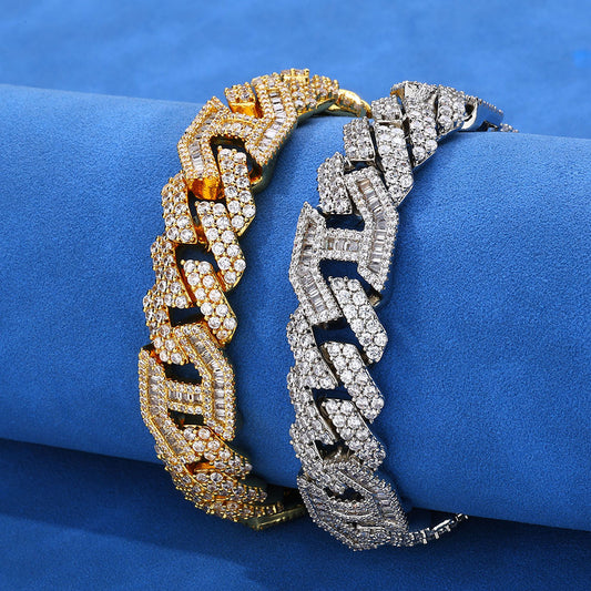 15 mm Geometric Iced Cuban Hip Hop Bracelet with Cubic Zirconia on a Copper Base - CHA146 product image