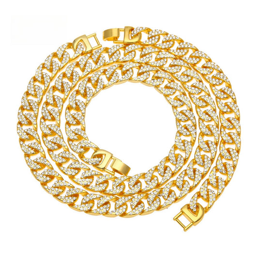 Unisex Gold Plated Iced Out Cuban Link Necklace Bracelet Set - Statement Chain Jewelry with Crystal Detail