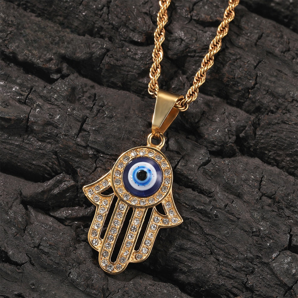 Gold Plated Evil Eye Hamsa Hand Pendant Necklace with Cubic Zirconia Hip Hop Statement Chain