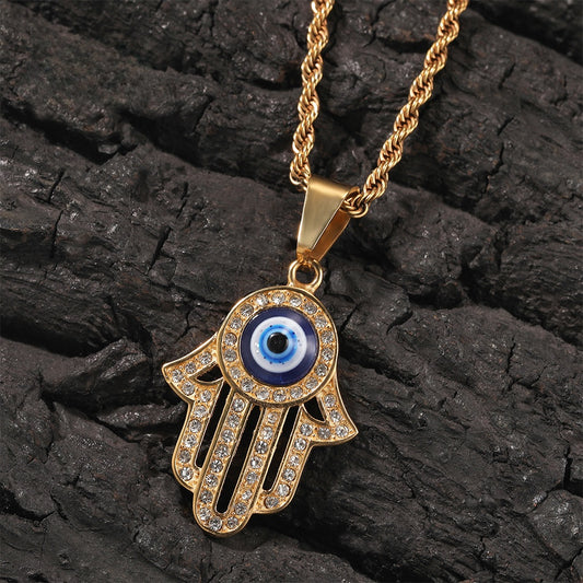 Gold Plated Evil Eye Hamsa Hand Pendant Necklace with Cubic Zirconia Hip Hop Statement Chain