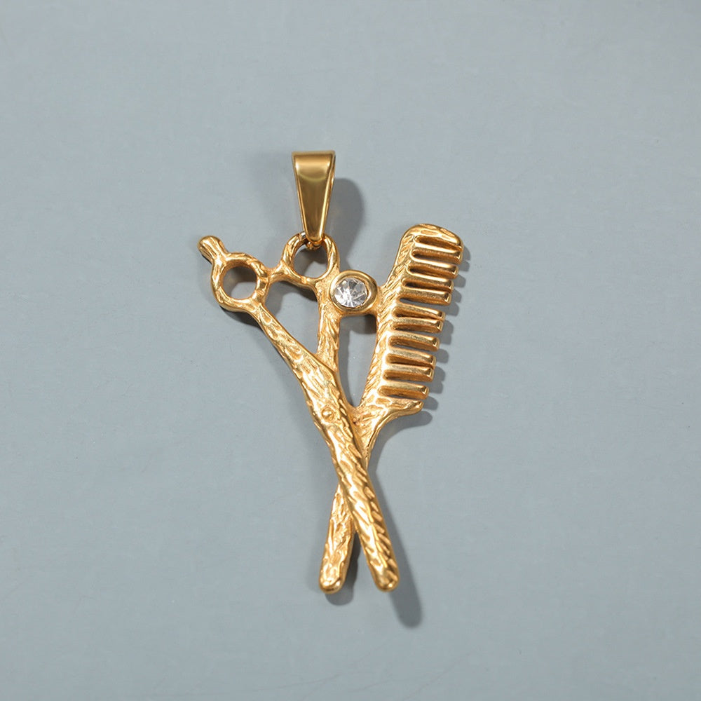 Gold Plated Barber Scissors & Comb Pendant Necklace with 24 Inch Cuban Chain product image