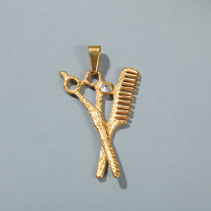 Gold Plated Barber Scissors & Comb Pendant Necklace with 24 Inch Cuban Chain