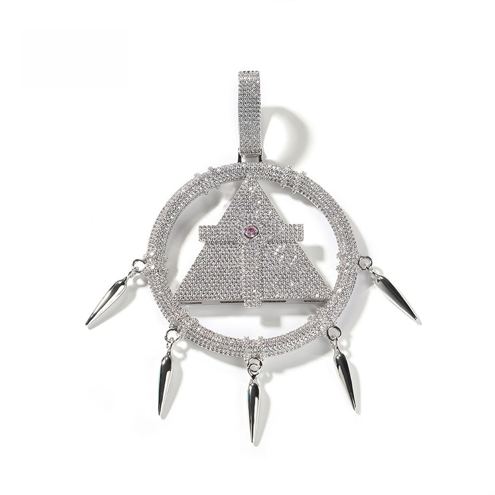 Iced Out Geometric Triangle Circle Pendant Necklace with CZ Stones, Silvery Hip Hop Twist Chain 24 Inch, Small & Large Size Options product image