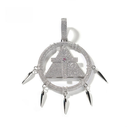Iced Out Geometric Triangle Circle Pendant Necklace with CZ Stones, Silvery Hip Hop Twist Chain 24 Inch, Small & Large Size Options
