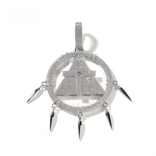 Iced Out Geometric Triangle Circle Pendant Necklace with CZ Stones, Silvery Hip Hop Twist Chain 24 Inch, Small & Large Size Options