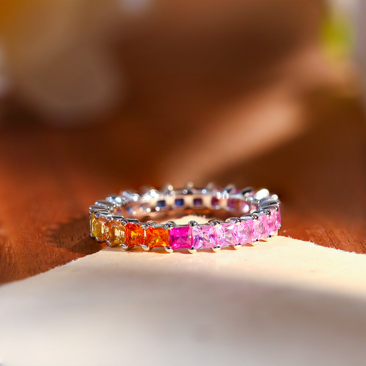 Rainbow Eternity Ring, Princess Cut Full Circle Band, 925 Sterling Silver 18K Gold Plated product image