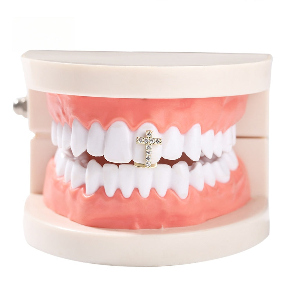 Hip Hop Cross Tooth Gem for Women and Men - Gold Plated or Silver Plated Copper Statement Dental Charm