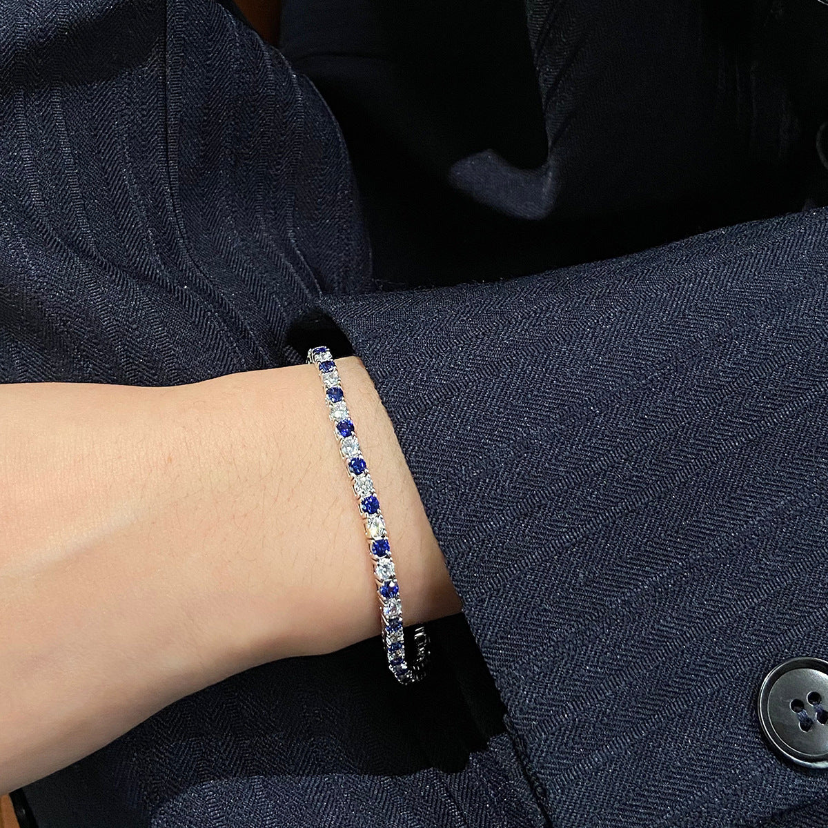 925 Silver Blue Stone Tennis Bracelet, Dainty Cultured Sapphire Bracelet for Women, Everyday Stackable Wrist Jewelry product image
