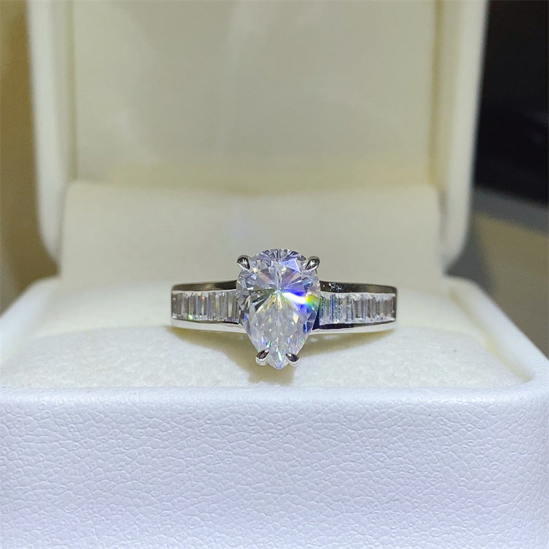 Pear Cut Moissanite Ring with Baguette Band, 18K Gold D Color Style Ring for Women product image