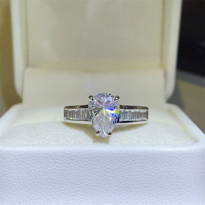 Pear Cut Moissanite Ring with Baguette Band, 18K Gold D Color Style Ring for Women