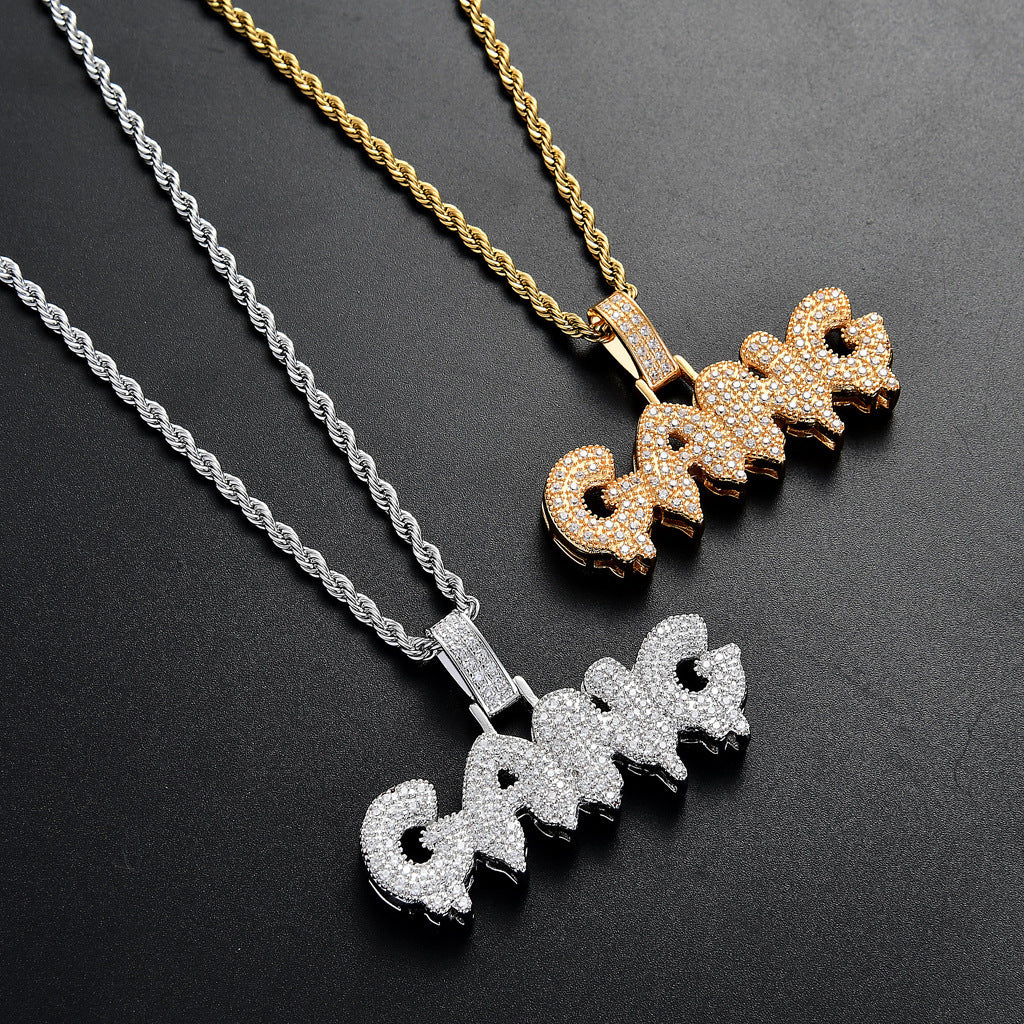 Hip Hop Letter Teardrop Cubic Zirconia Pendant Necklace for Men and Women