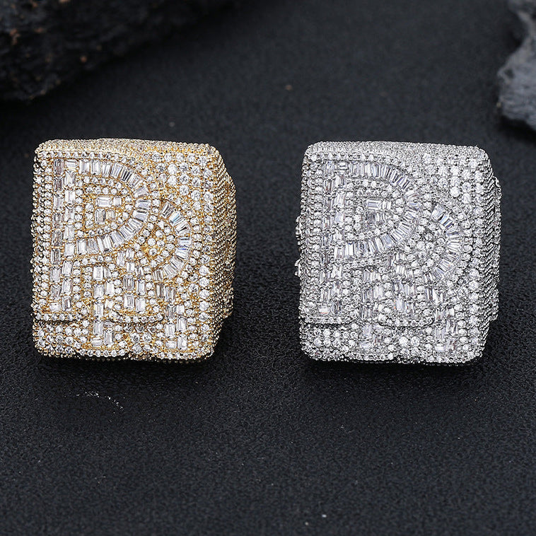 Iced Out R Letter Square Ring, Hip Hop Unisex Statement Ring, Gold and White Gold Tone product image
